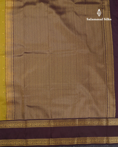 Beautiful Manthulir Yellow Checks With Butta Semi Silk Saree With Contrast Dark Brown Traditional Rettapet Border