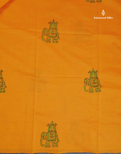 South Cotton Saree - Mustard Yellow Printed Saree With Contrast Black Blouse