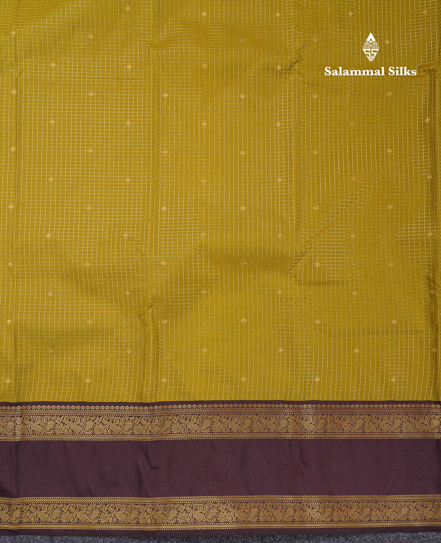 Beautiful Manthulir Yellow Checks With Butta Semi Silk Saree With Contrast Dark Brown Traditional Rettapet Border