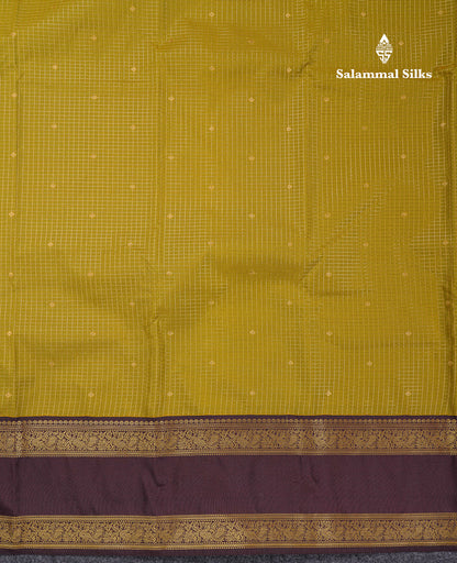 Beautiful Manthulir Yellow Checks With Butta Semi Silk Saree With Contrast Dark Brown Traditional Rettapet Border