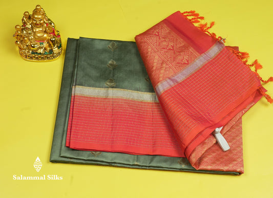Beautiful Moss Green Pure Kanjivaram Soft Silk Saree With Contrast Pinkish Orange Zari Checks Border