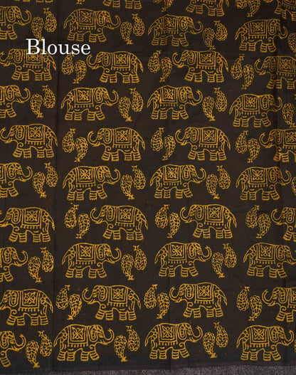 South Cotton Saree - Mustard Yellow Printed Saree With Contrast Black Blouse