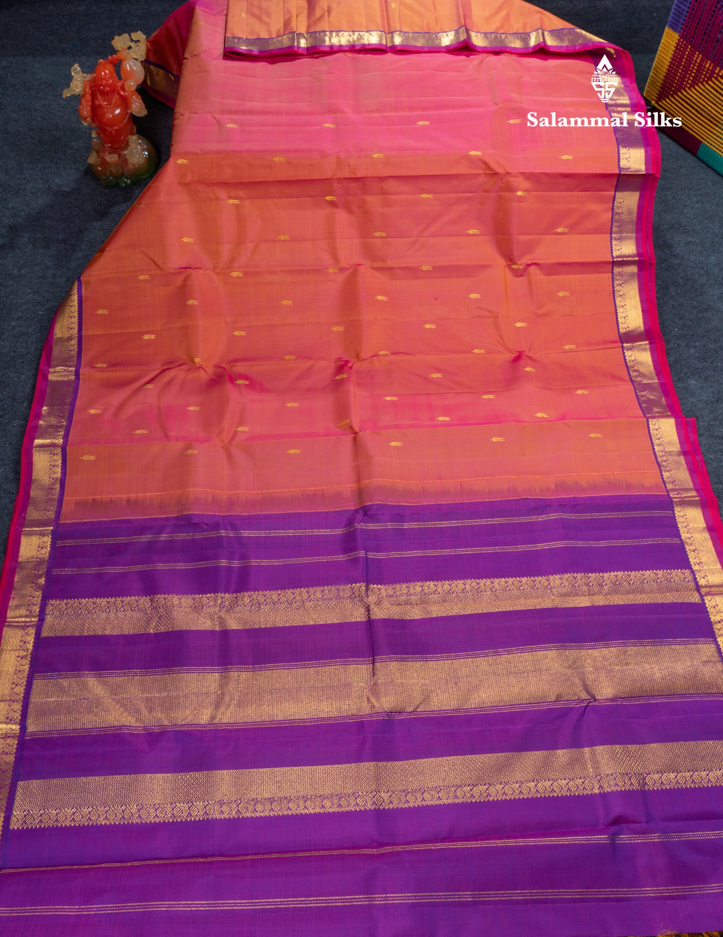 Dual Tone Pinkish Orange Pure Kanjivaram Silk Saree With Contrast Vadamalli Traditional Small Border