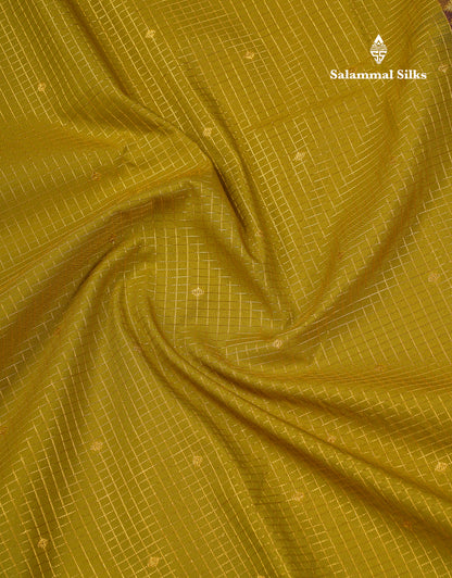 Beautiful Manthulir Yellow Checks With Butta Semi Silk Saree With Contrast Dark Brown Traditional Rettapet Border