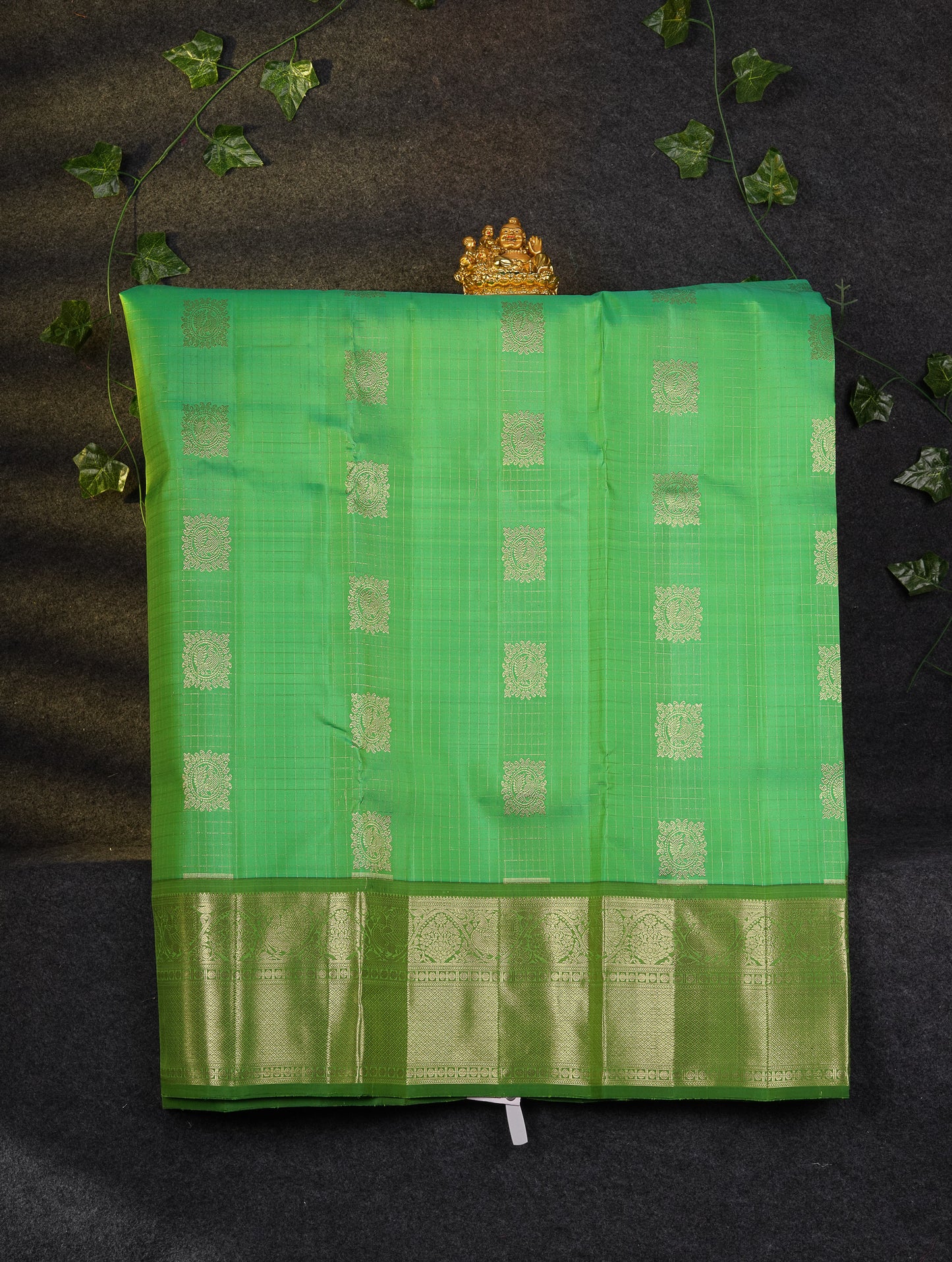 Beautiful Pure Silk Pattu Pavadai Checks With Butta (Pink) With Contrast Bottle Green Blouse 45"