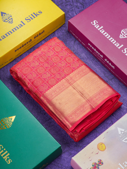 Beautiful Dual Tone Reddish Pink 2G Pure Kanjivaram Silk Saree With Traditional Border