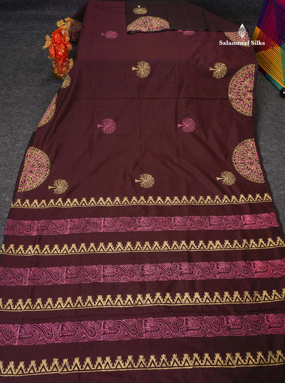 South Cotton Saree - Dark Brown Printed Saree With Contrast Onion Pink Blouse