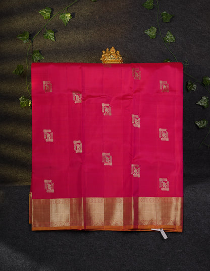 Beautiful Pure Silk Pattu Pavadai (Dual Tone Pinkish Peach) With Contrast Magenta Pink Blouse 45"