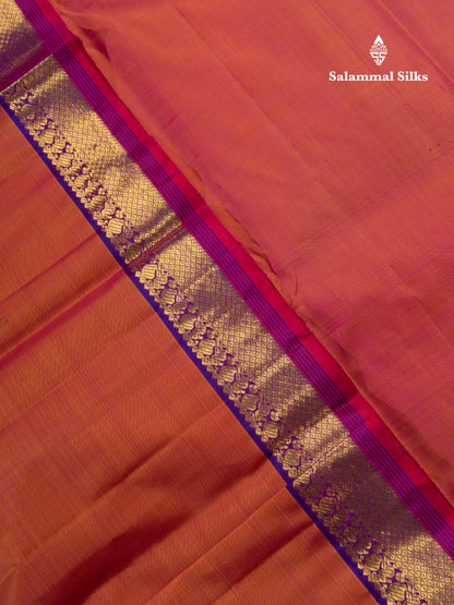 Dual Tone Pinkish Orange Pure Kanjivaram Silk Saree With Contrast Vadamalli Traditional Small Border