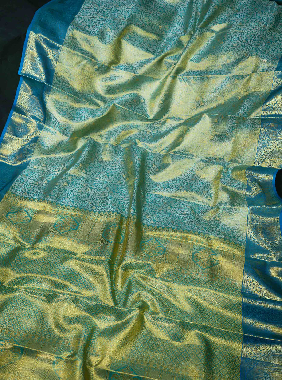 Pastel Blue Tissue Bridal Pure Kanjivaram Silk Saree With Contrast Sky Blue Border