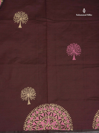 South Cotton Saree - Dark Brown Printed Saree With Contrast Onion Pink Blouse