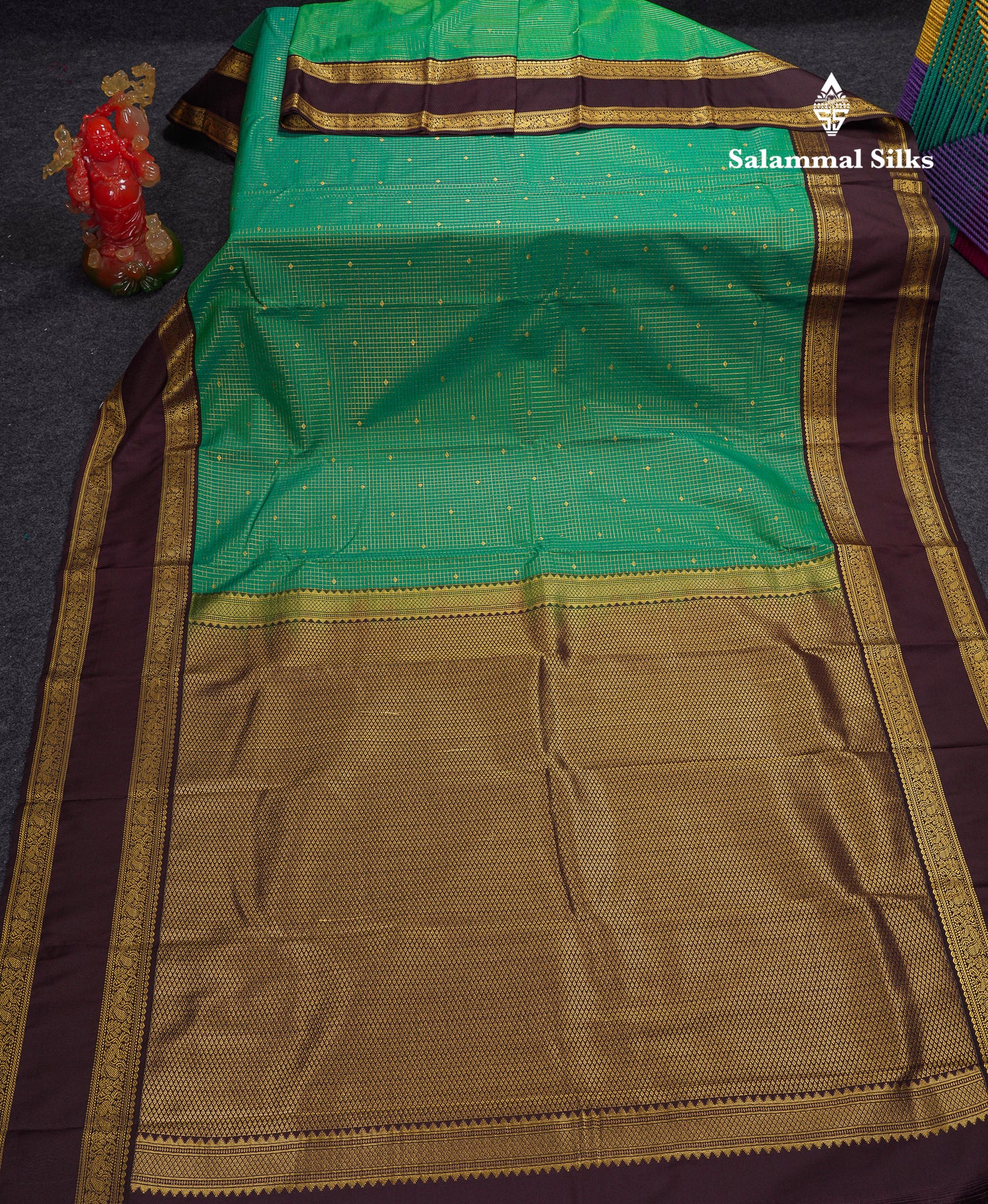 Beautiful Manthulir Yellow Checks With Butta Semi Silk Saree With Contrast Dark Brown Traditional Rettapet Border