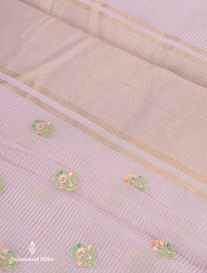 Beautiful Light Lavender Embroidery Floral Design Kota Cotton  Mix Saree With Fancy Border