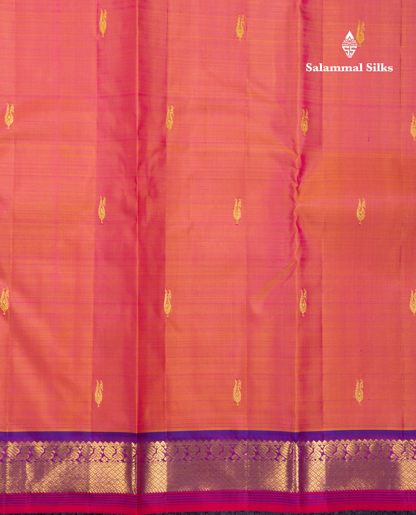 Dual Tone Pinkish Orange Pure Kanjivaram Silk Saree With Contrast Vadamalli Traditional Small Border