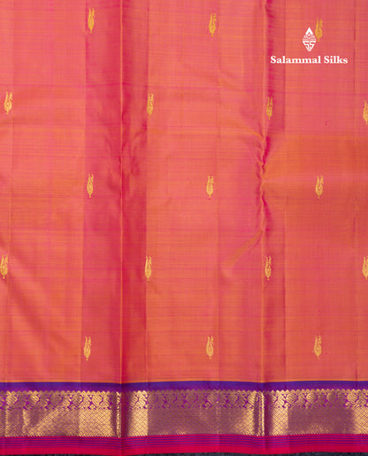 Dual Tone Pinkish Orange Pure Kanjivaram Silk Saree With Contrast Vadamalli Traditional Small Border