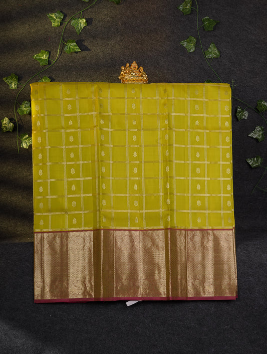 Beautiful Pure Silk Pattu Pavadai Checks With Butta (Manthulir Yellow) With Contrast Rani Pink Blouse 45"