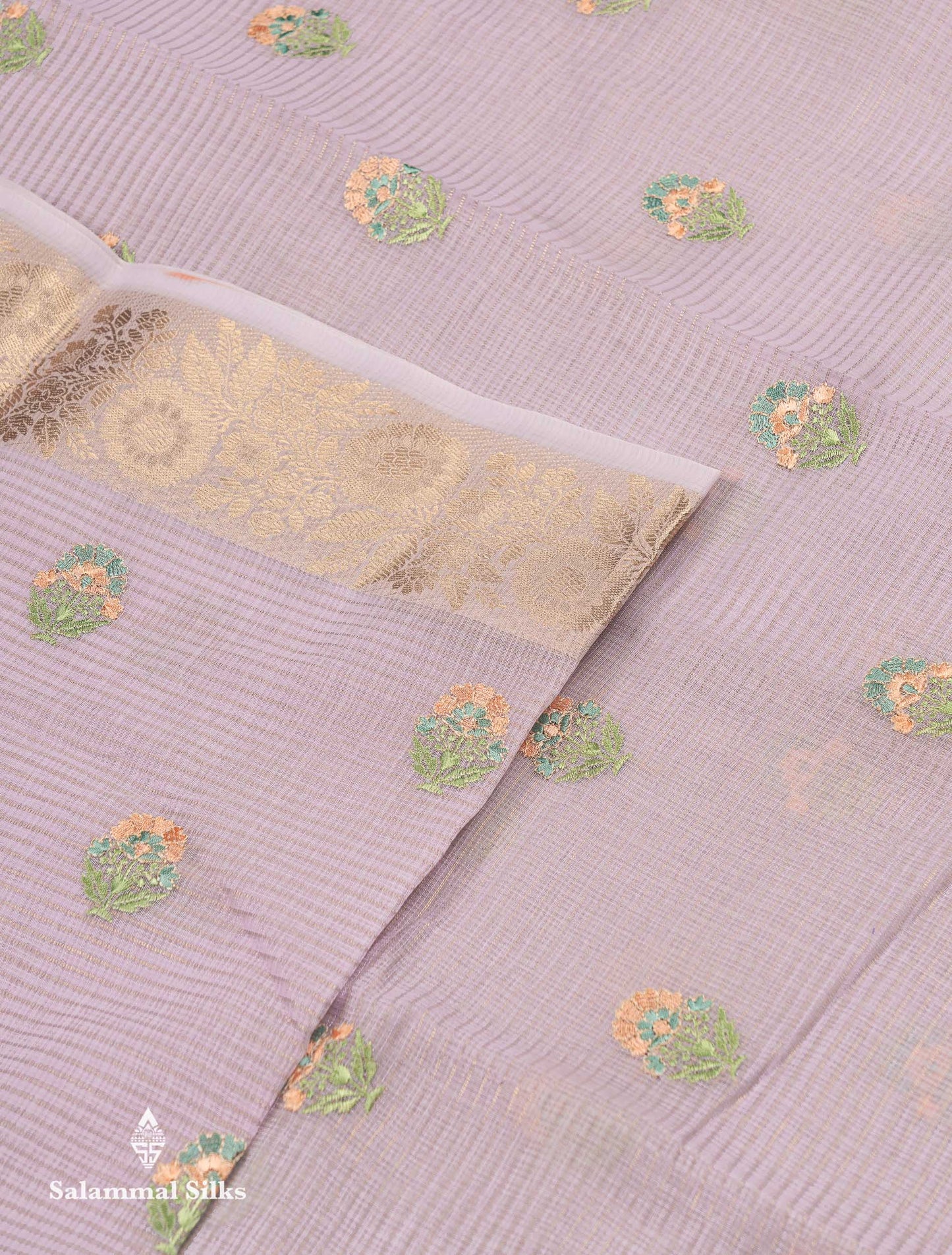 Beautiful Light Lavender Embroidery Floral Design Kota Cotton  Mix Saree With Fancy Border