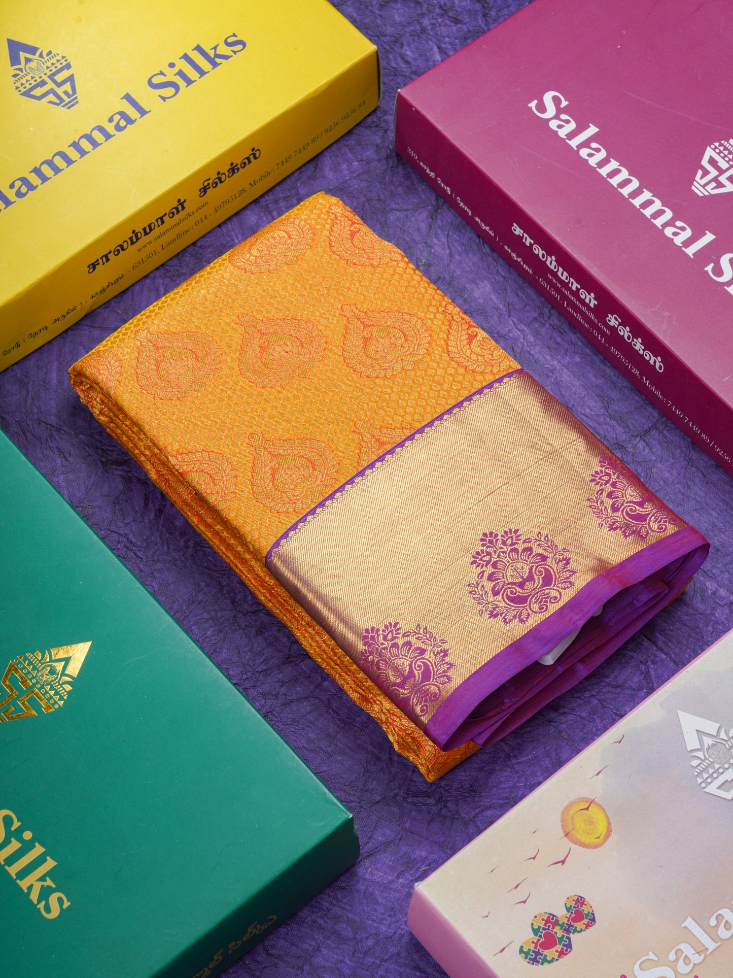 Beautiful Mango Yellow Bridal Pure Kanjivaram Silk Saree With Contrast Purple Border