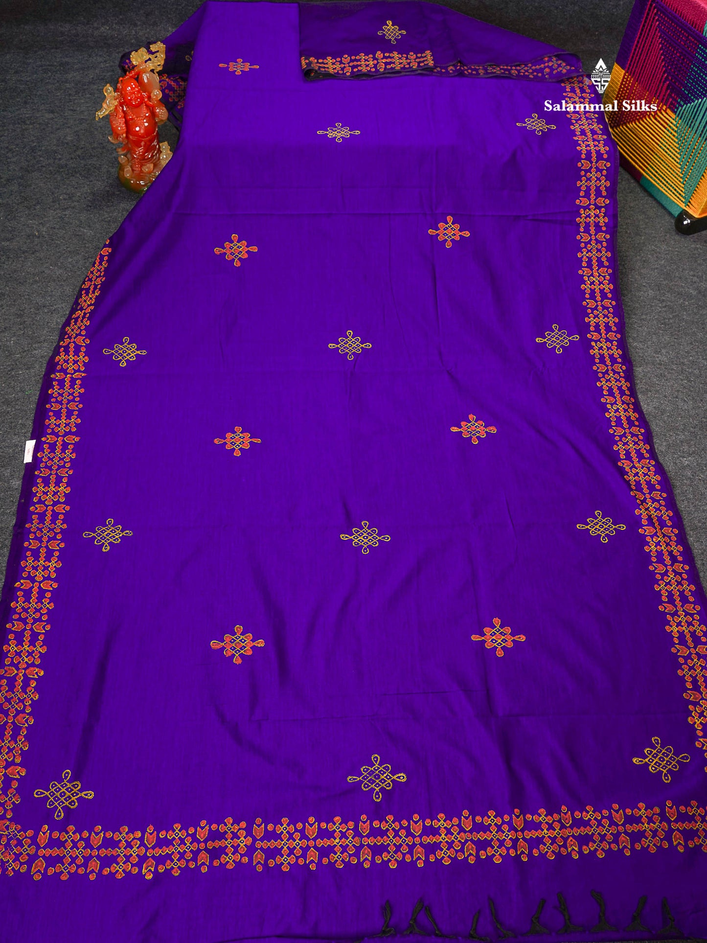 South Cotton Saree - Dual Tone Purple Printed Saree With Contrast Mustard Yellow Blouse