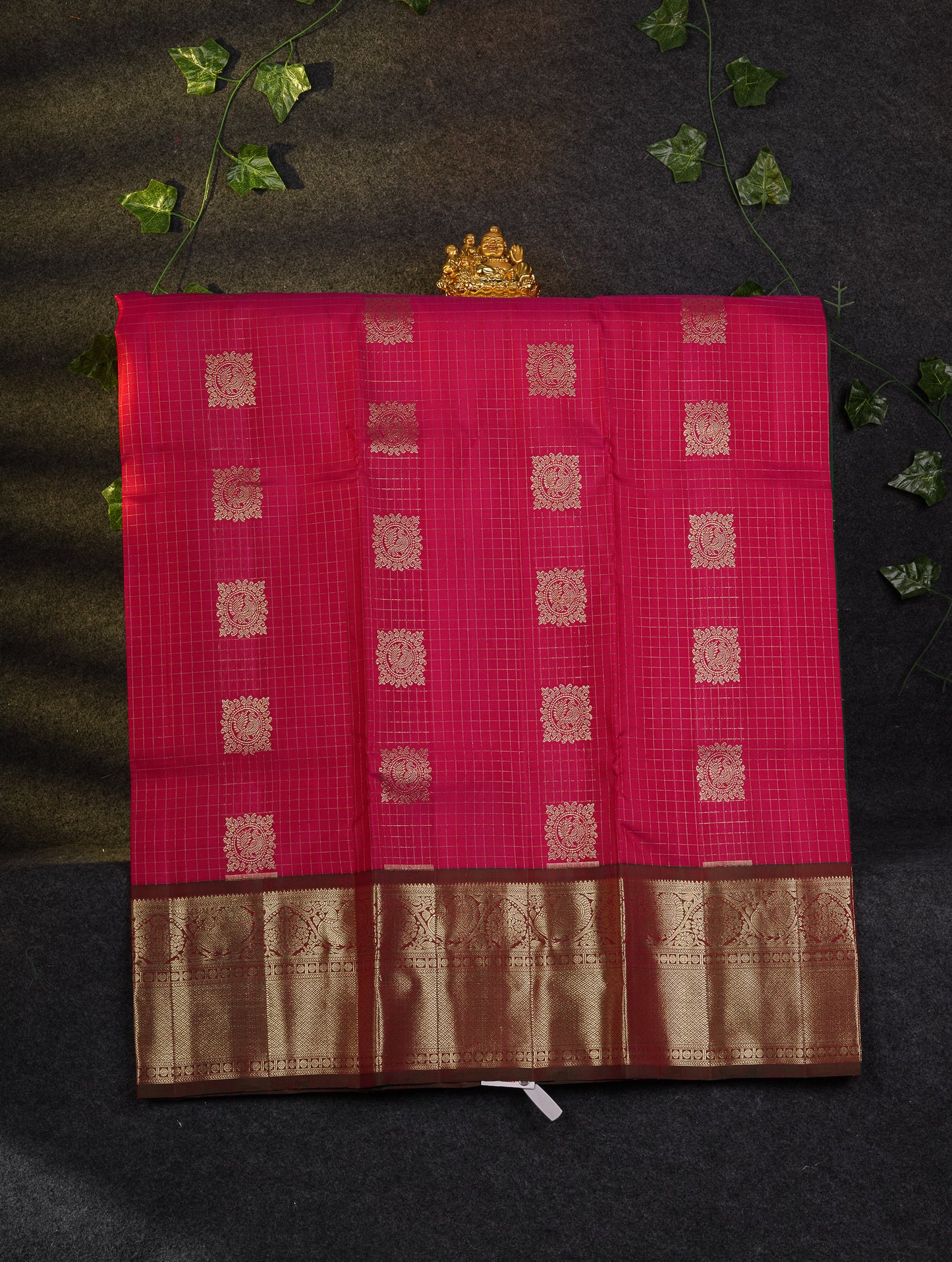 Beautiful Pure Silk Pattu Pavadai Checks With Butta (Pink) With Contrast Bottle Green Blouse 45"