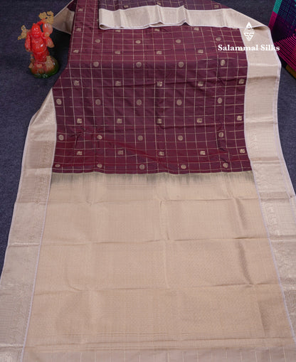 Beautiful Dark Brown Checks With Mayil & Chakaram Butta Semi Silk Saree With Contrast Cream Sandal Traditional Border