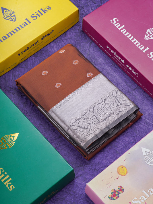 Beautiful Brown Menakari Work Semi Silk Saree With Contrast Grey Border