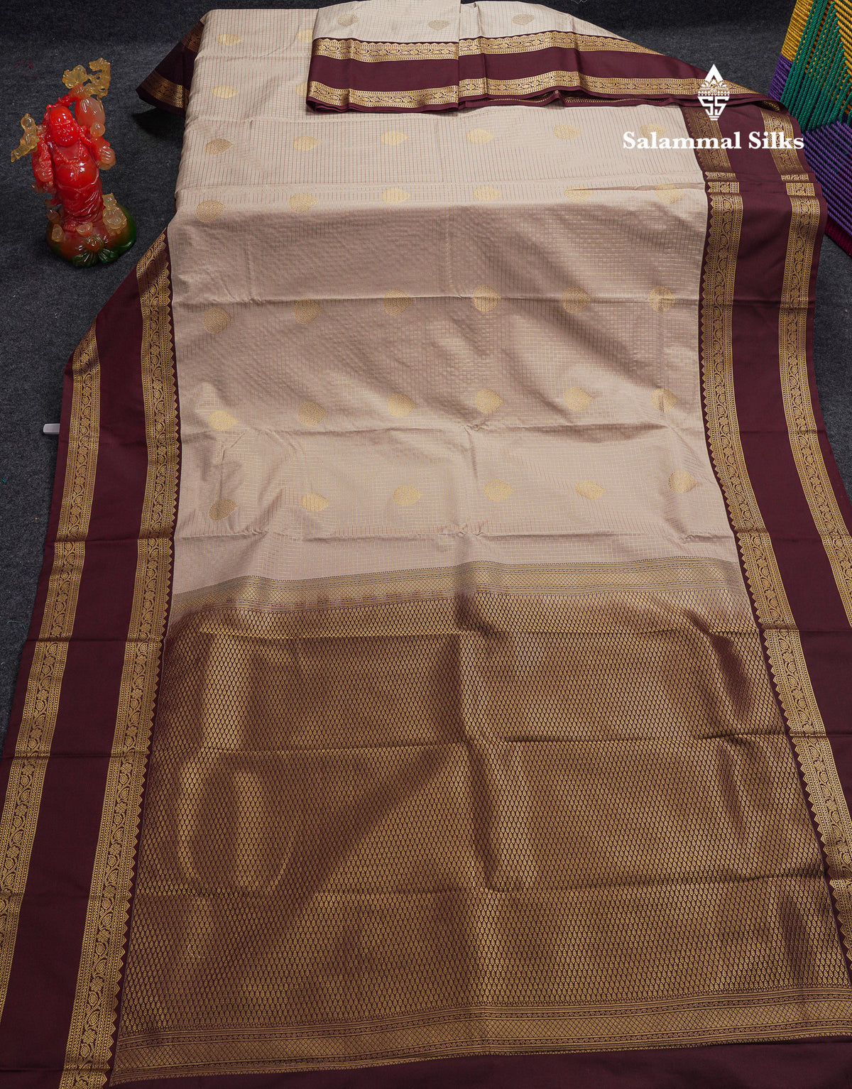 Beautiful Half White Checks With Butta Semi Silk Saree With Contrast Dark Brown Traditional Rettapet Border