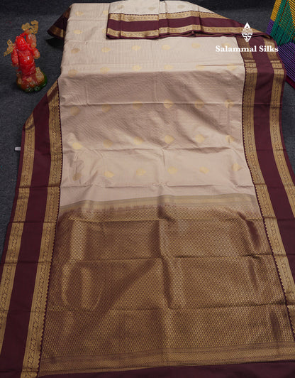 Beautiful Half White Checks With Butta Semi Silk Saree With Contrast Dark Brown Traditional Rettapet Border