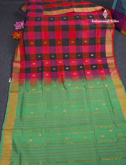 Paalum Pazham Checks Pure Silk Cotton Saree With Contrast Parrot Green Blouse