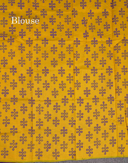 South Cotton Saree - Dual Tone Purple Printed Saree With Contrast Mustard Yellow Blouse