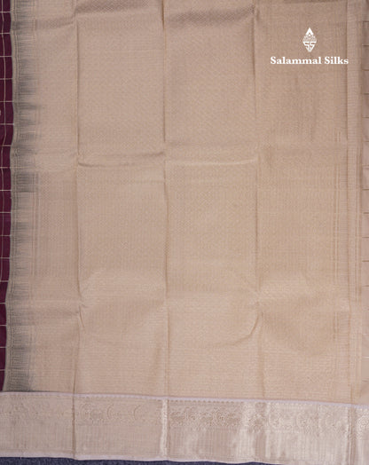 Beautiful Dark Brown Checks With Mayil & Chakaram Butta Semi Silk Saree With Contrast Cream Sandal Traditional Border