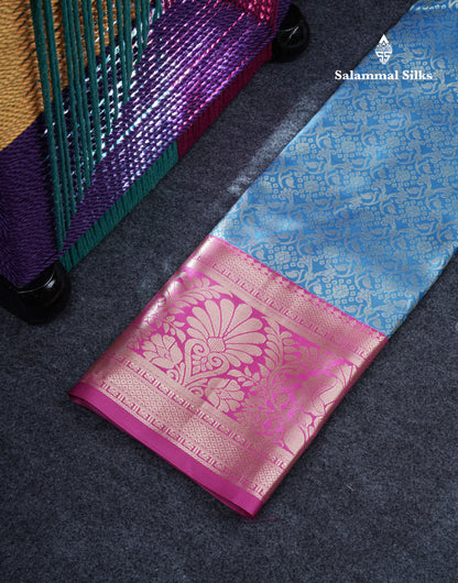 Semi Silk Pattu Pavadai (Blue) With Magenta Pink Blouse 37"