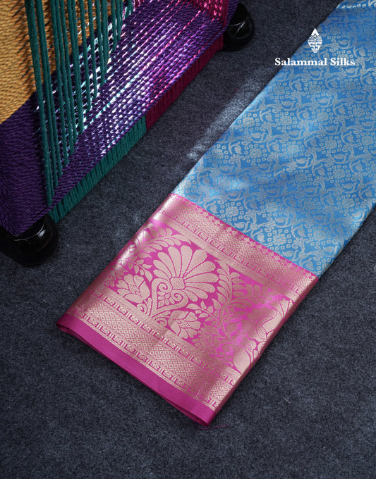 Semi Silk Pattu Pavadai (Blue) With Magenta Pink Blouse 37"