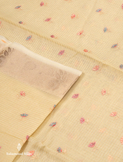 Beautiful Lavender Embroidery Floral Design Kota Cotton  Mix Saree With Fancy Border