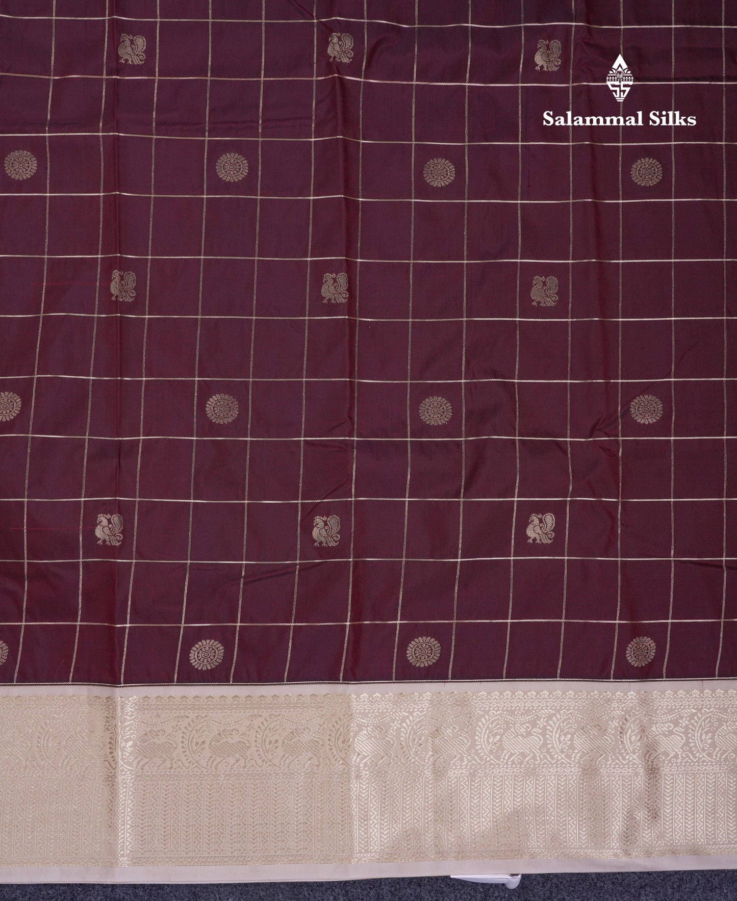 Beautiful Dark Brown Checks With Mayil & Chakaram Butta Semi Silk Saree With Contrast Cream Sandal Traditional Border