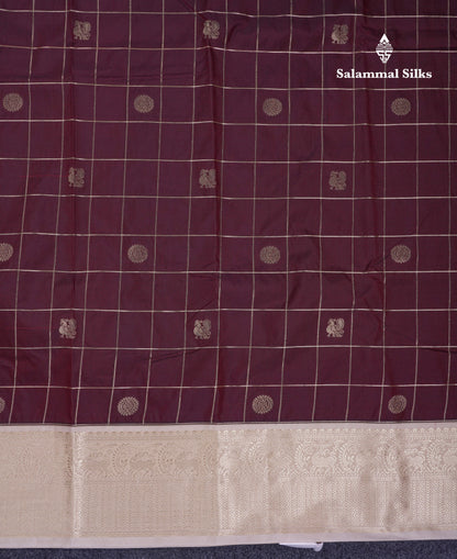 Beautiful Dark Brown Checks With Mayil & Chakaram Butta Semi Silk Saree With Contrast Cream Sandal Traditional Border