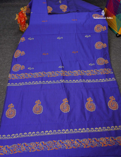 South Cotton Saree - Royal Blue Printed Saree With Contrast Orange Blouse