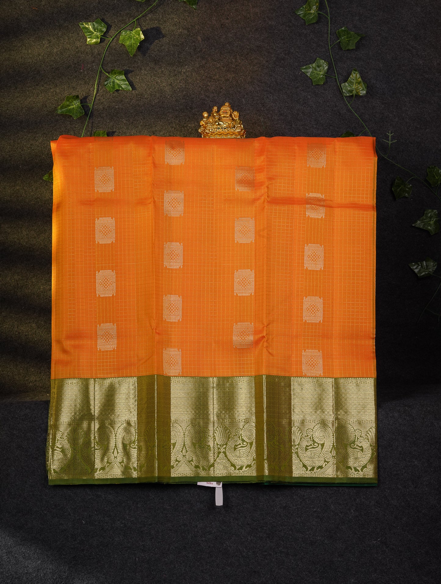 Beautiful Pure Silk Pattu Pavadai Checks With Butta (Mango Yellow) With Contrast Bottle Green  Blouse 45"