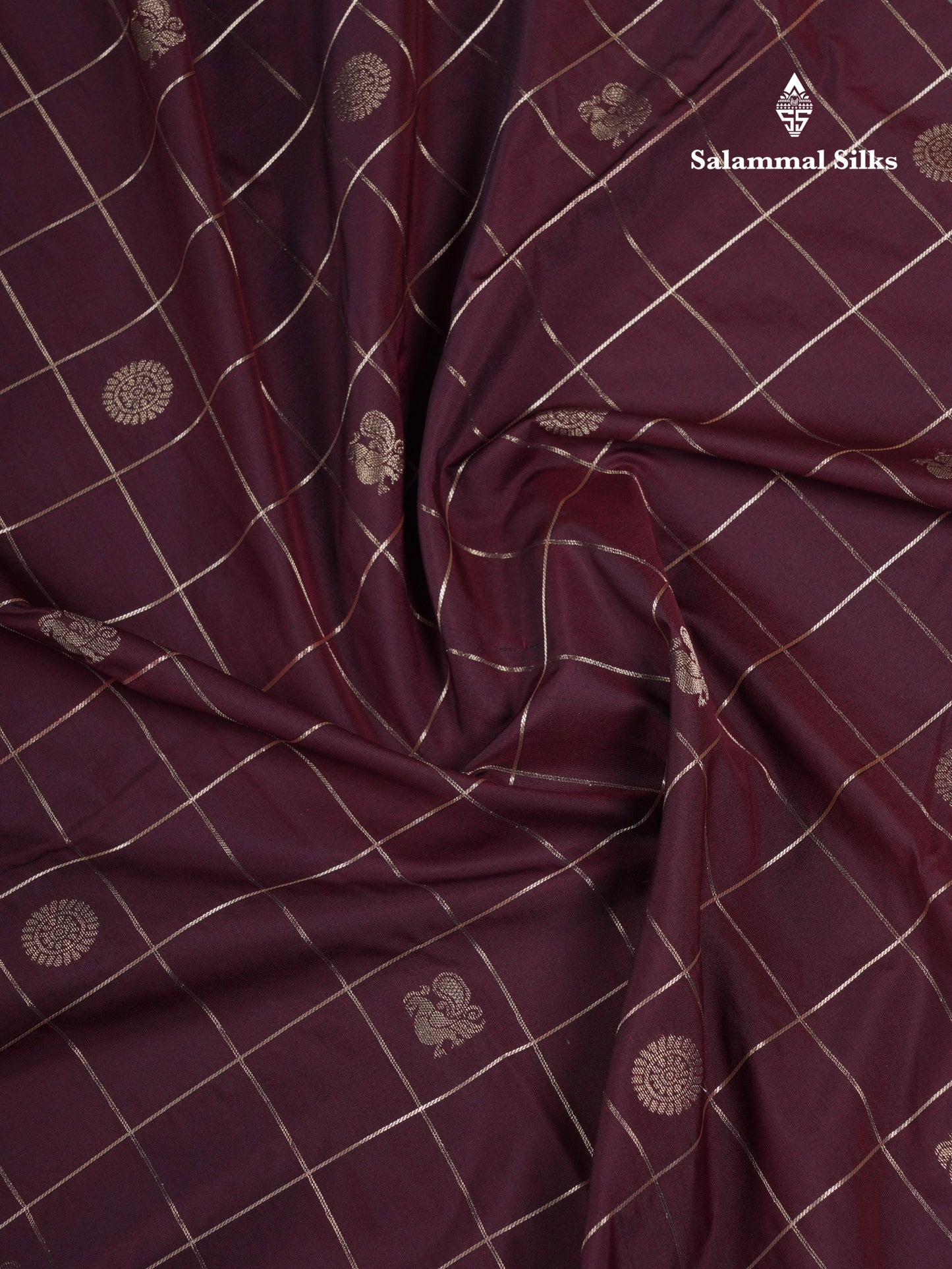 Beautiful Dark Brown Checks With Mayil & Chakaram Butta Semi Silk Saree With Contrast Cream Sandal Traditional Border