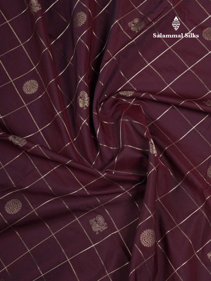 Beautiful Dark Brown Checks With Mayil & Chakaram Butta Semi Silk Saree With Contrast Cream Sandal Traditional Border