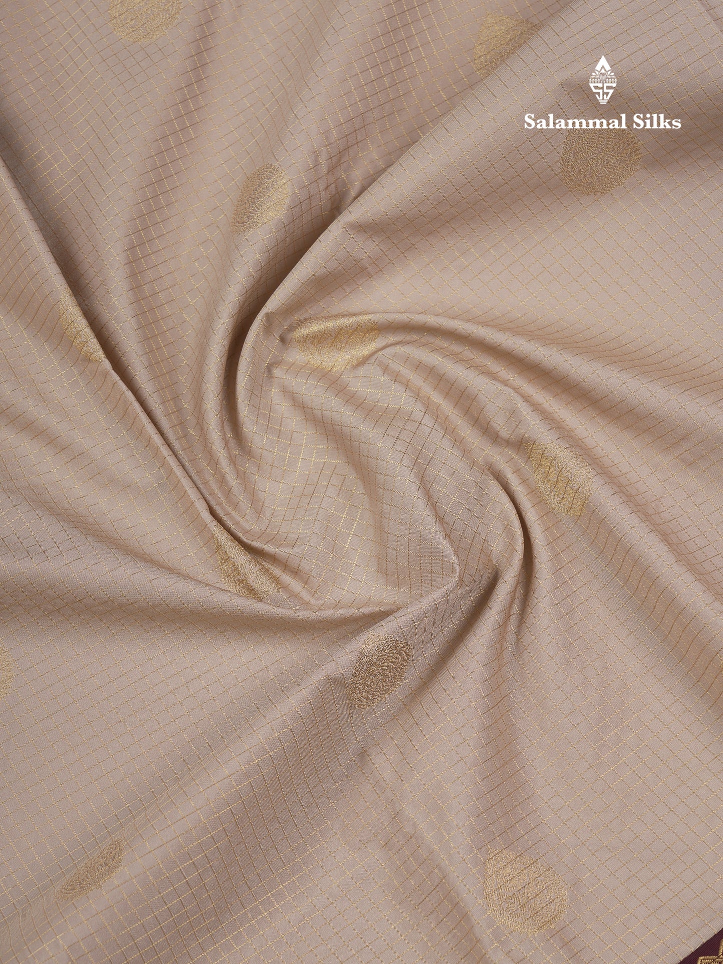 Beautiful Half White Checks With Butta Semi Silk Saree With Contrast Dark Brown Traditional Rettapet Border