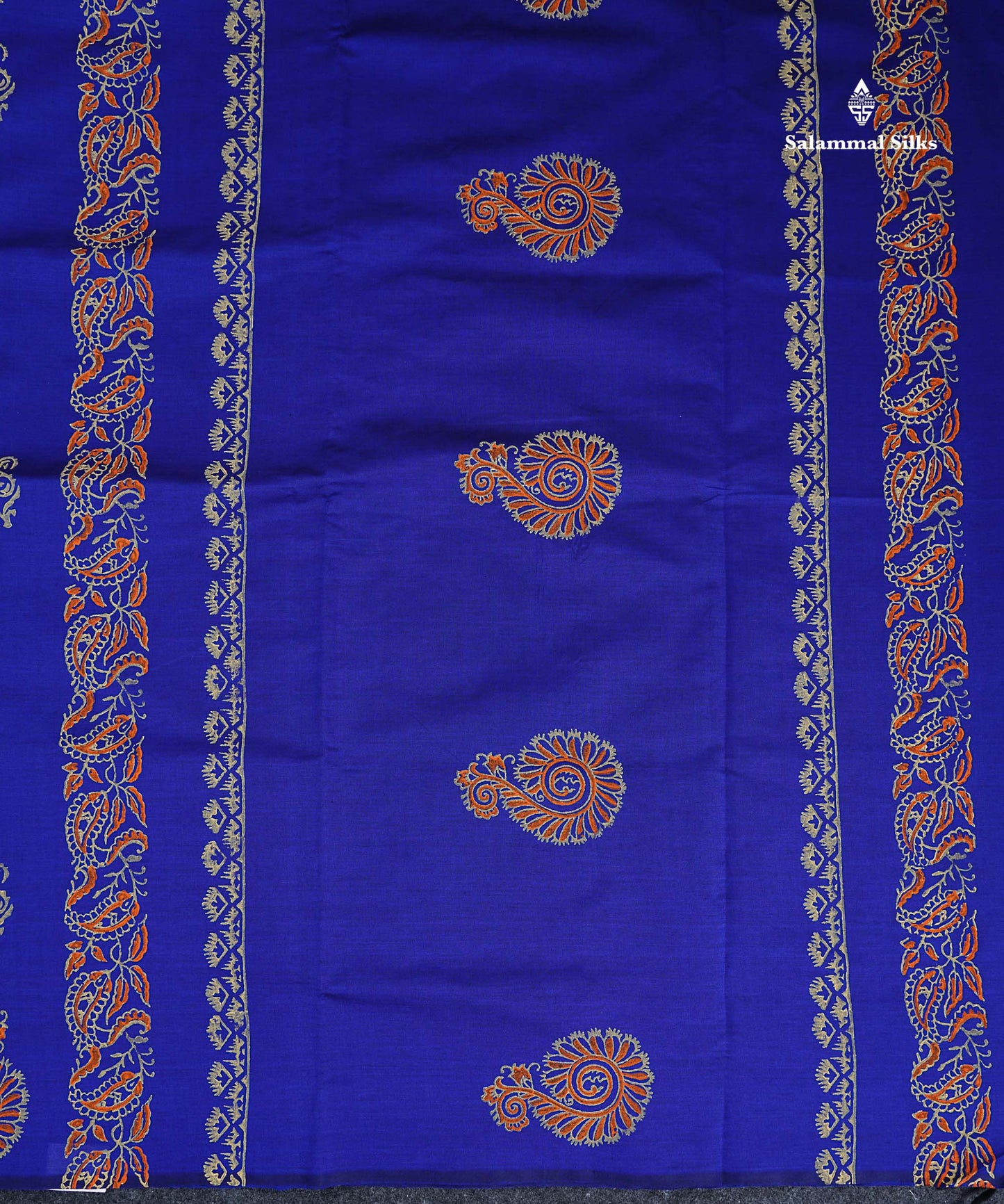 South Cotton Saree - Royal Blue Printed Saree With Contrast Orange Blouse