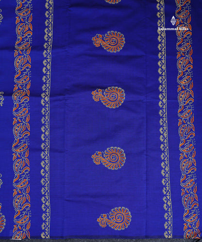 South Cotton Saree - Royal Blue Printed Saree With Contrast Orange Blouse