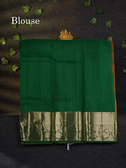 Beautiful Pure Silk Pattu Pavadai Checks With Butta (Mango Yellow) With Contrast Bottle Green  Blouse 45"