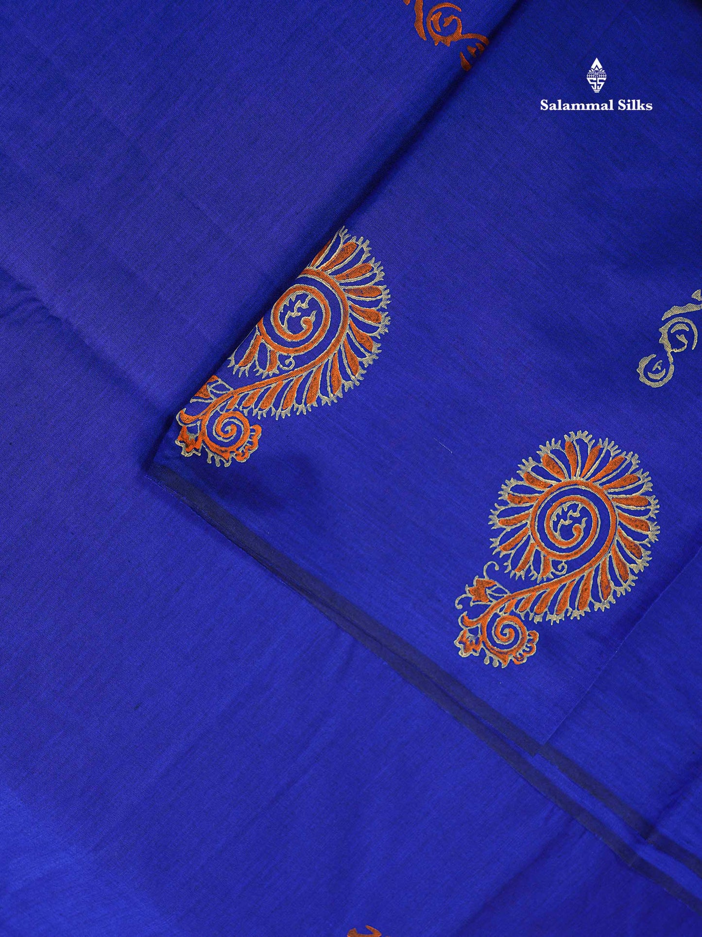 South Cotton Saree - Royal Blue Printed Saree With Contrast Orange Blouse