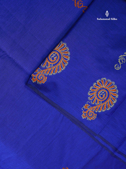 South Cotton Saree - Royal Blue Printed Saree With Contrast Orange Blouse