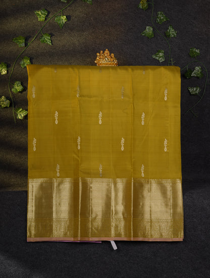 Beautiful Pure Silk Pattu Pavadai (Mehandi Green) With Contrast Light Pink Blouse 45"