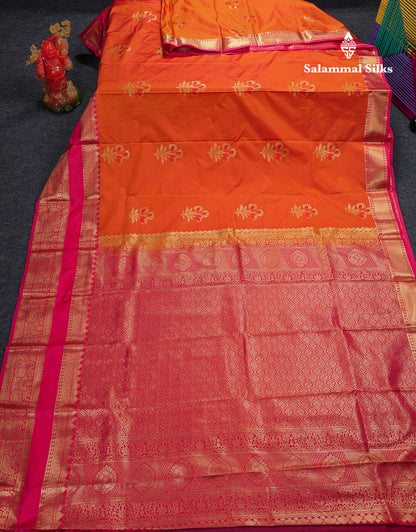 Beautiful Orange Semi Silk Saree With Contrast Chilly Reddish Pink Traditional Evening Morning Border