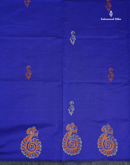 South Cotton Saree - Royal Blue Printed Saree With Contrast Orange Blouse