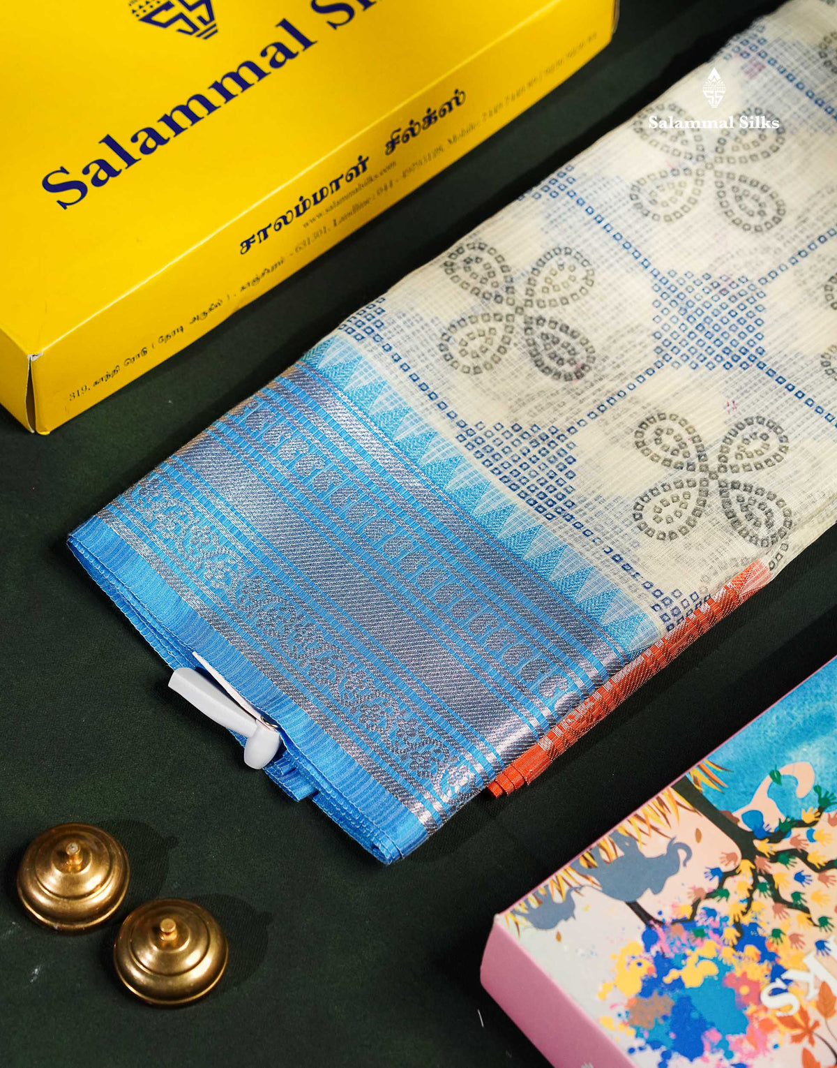 Half White Printed Cotton Mix Saree With Contrast Ganga Jamuna Traditional Border